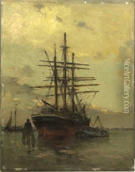 Moored Ships Oil Painting - Jan Van Der Linde