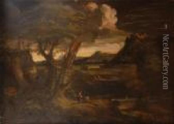 La Valle Del Tevere Con Figure, Scorcio Dipaese E Il Monte Soratte Oil Painting - Gaspard Dughet Poussin