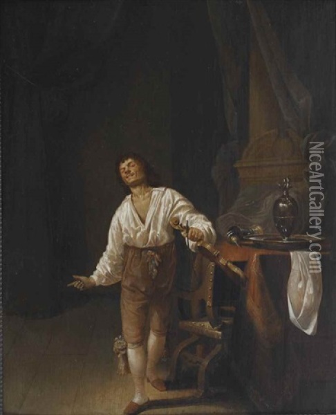 A Violin Player In An Interior With A Pewter Tankard, Jug And Platter On A Table Before A Column Oil Painting - Maerten Stoop