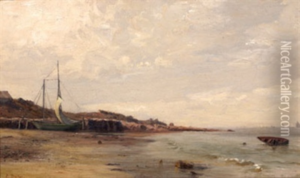 Beached Sailboat Oil Painting - Eugen Gustav Duecker