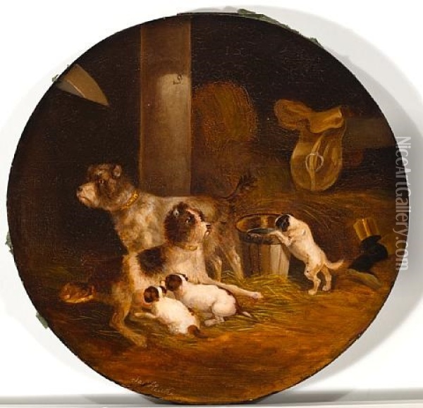 Wirehaired Fox Terrier Family In The Stable Oil Painting - Joseph Heicke