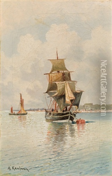 Kustenlandschaft Mit Segelschiffen Oil Painting - Adolf Kaufmann