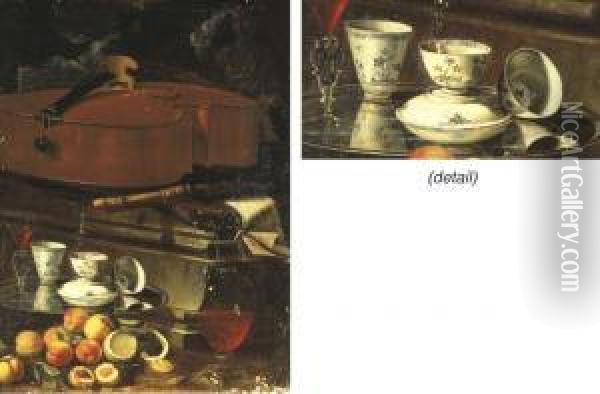 Porcelain Cups And A Facon De Venise Glass On A Salver Oil Painting - Cristoforo Munari