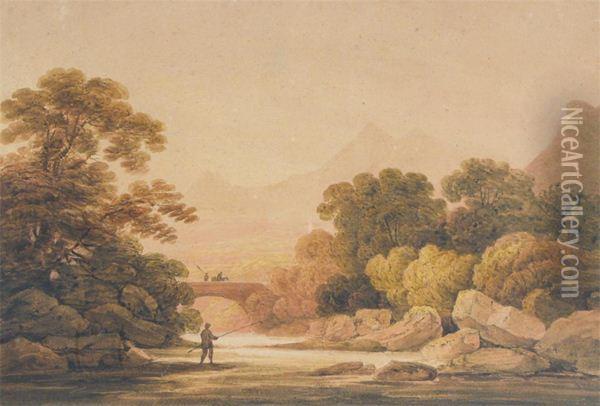 An Angler Beside A Bridge Oil Painting - Nicholson, F.