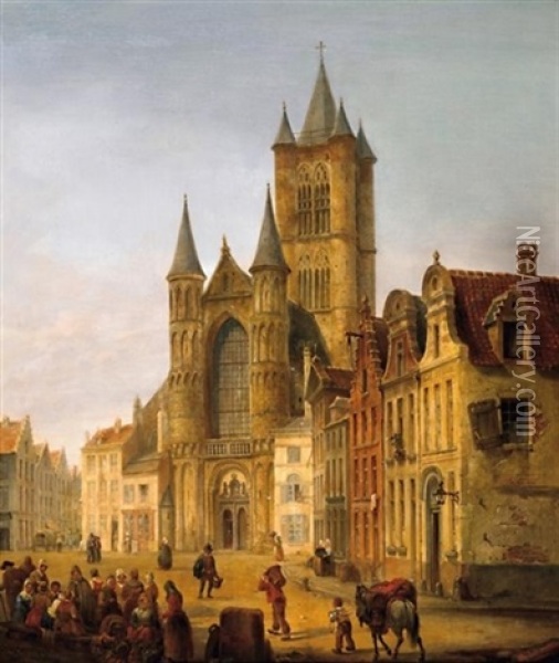 Gent. Blick Auf St. Bavo Im Herzen Der Altstadt Oil Painting - Henry Lallemand