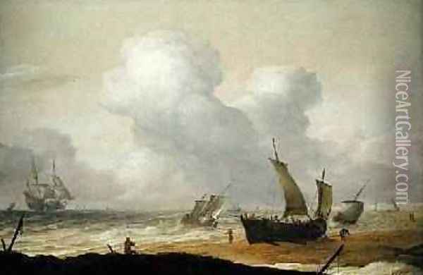 Coastal scene with fishing pinks inshore and a Man OWar offshore Oil Painting - Pieter the Younger Mulier