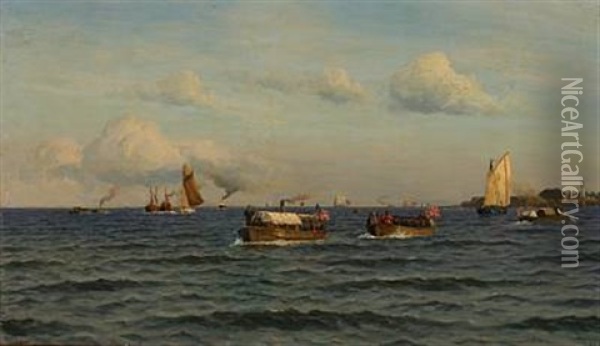 Barges And Rowing Boat With The American Flag At Trekroner Off Copenhagen Oil Painting - Holger Luebbers