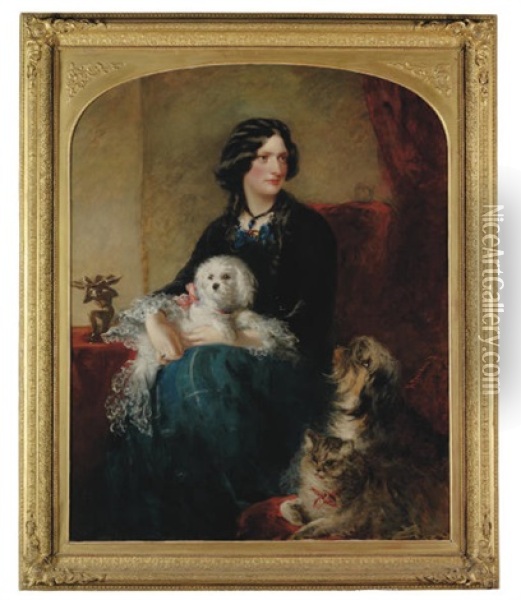 Portrait Of Lady Alfred Paget, With A Maltese Dog On Her Lap Oil Painting - Richard Buckner