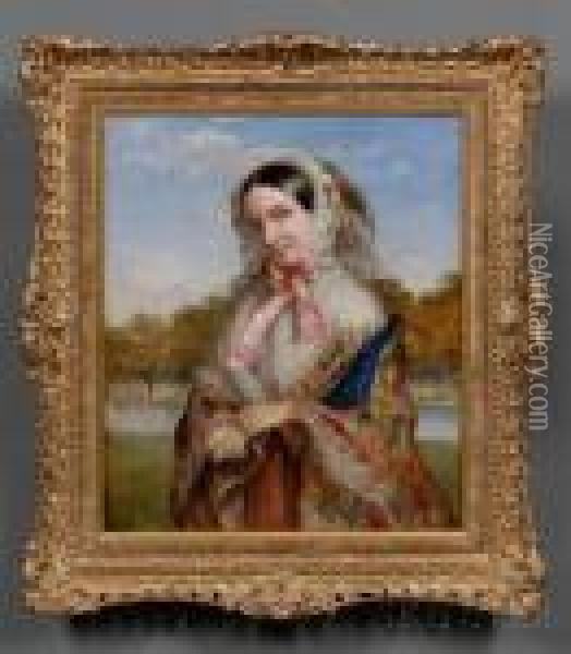 Fashionable Woman In A Paisley Shawl In A Riverscape Oil Painting - William Powell Frith
