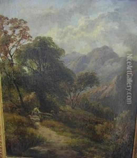 A Figure Crossing A Stile In A Mountainous Landscape Oil Painting - Thomas Stanley Barber