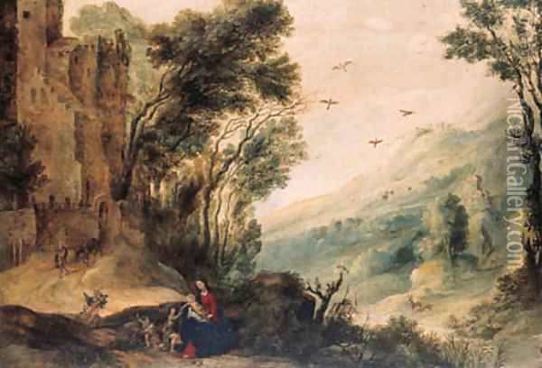 An extensive landscape with the Rest on the Flight into Egypt Oil Painting - Gijsbrecht Leytens