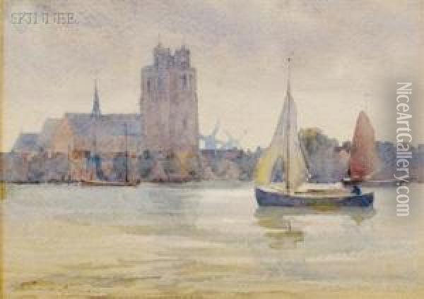 Windmills And Churches/a River View Oil Painting - Florence Vincent Robinson