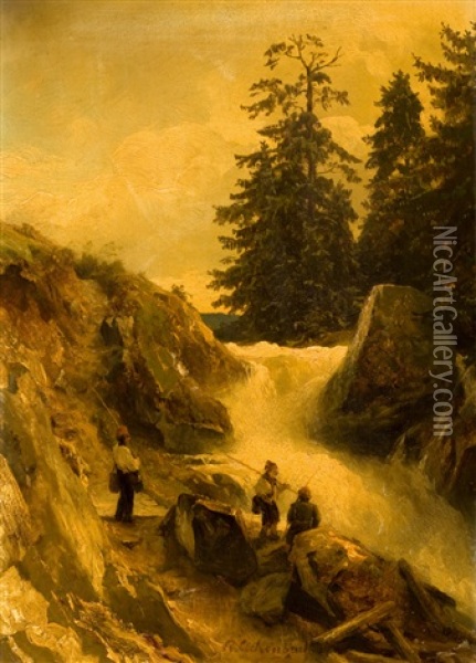 Am Wasserfall Oil Painting - Andreas Achenbach