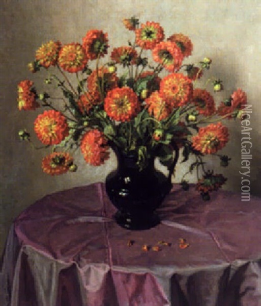 Still Life With Dahlias Oil Painting - Wilhelm Andersen