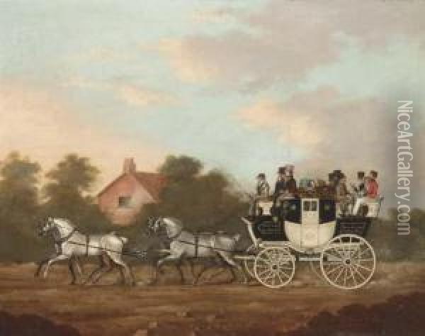 The Newbury Coach Drawn By Four Grey Mares Oil Painting - Augustus S. Boult