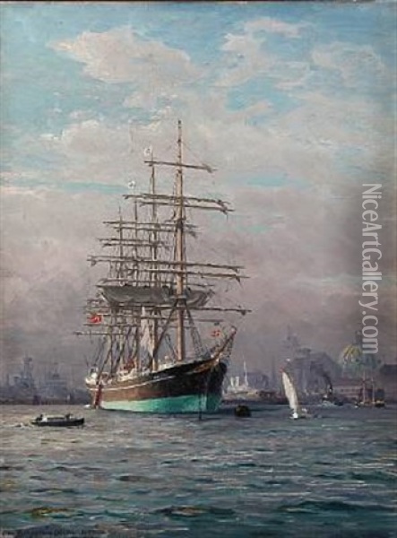 The Danish Training Ship Kobenhavn In Copenhagen Harbour Oil Painting - Christian Benjamin Olsen