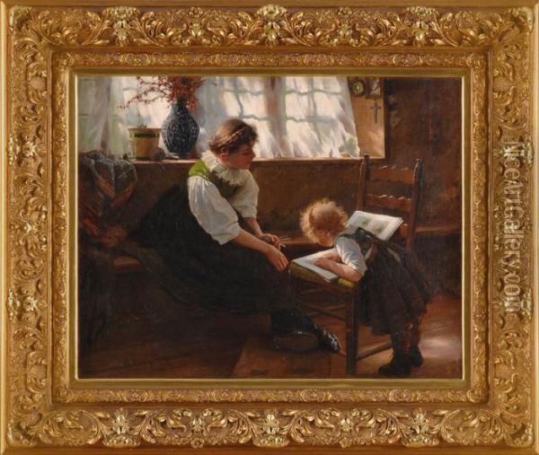 Beim Bilderbuch, 1898. Oil Painting - Alexander Max Koester