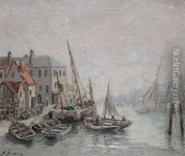 Harbour Village With Moored Fishing Boats Oil Painting - Henri Arden