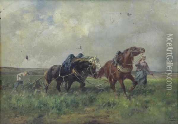 Plowing The Field Oil Painting - Andres Cortes y Aguilar