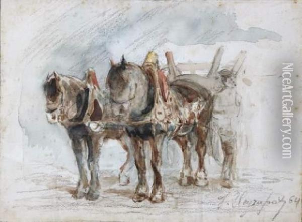 Deux Chevaux Atteles A Un Chariot Oil Painting - Jules Jacques Veyrassat