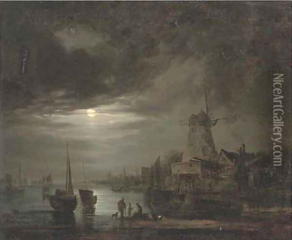 Figures on the bank of a river, by moonlight Oil Painting - Abraham Pether