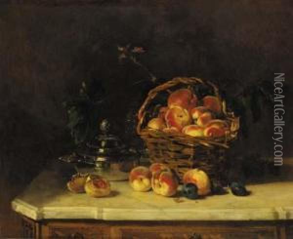 Peaches In A Wicker Basket On A Marble Topped Commode Oil Painting - Philippe Rousseau
