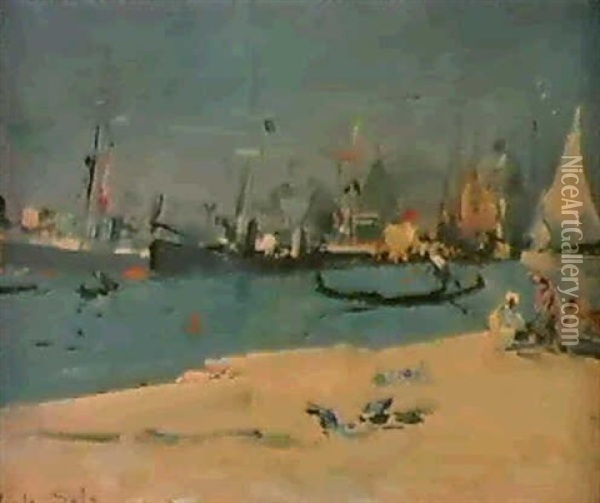 Ships On The Grand Canal, Venice Oil Painting - Paolo Sala