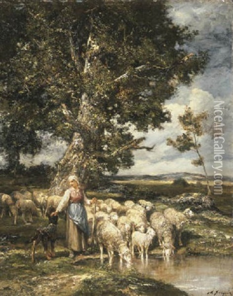 A Shepherdess Watering Her Herd Under A Tree Oil Painting - Charles Emile Jacque