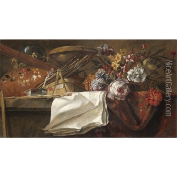 Still Life With Artist's Materials, Including A Used Palette And A Series Of Brushes, Together With A Small Basket Of Flowers On A Table Top Oil Painting - Jean-Baptiste Monnoyer