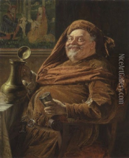 Falstaff Mit Grosser Weinkanne Und Becher Oil Painting - Eduard von Gruetzner