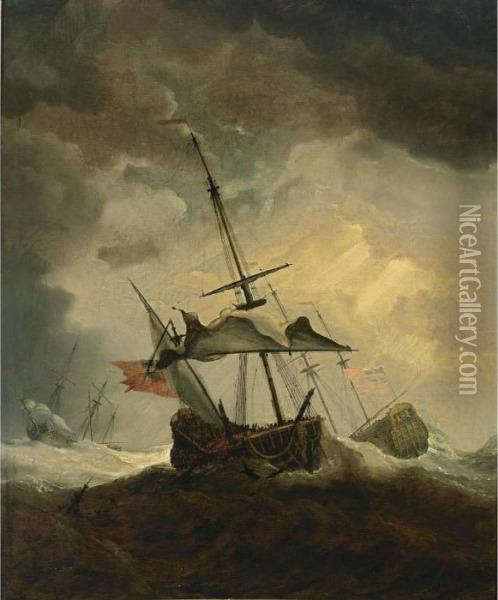 A Small English Ship Dismasted In A Gale, A Man-of-war And Another Sailing Vessel Beyond Oil Painting - Willem van de, the Elder Velde