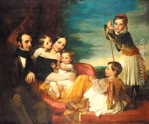 Alexander Constantine Ionides And His Wife Euterpe, With Their Children Constantine Alexander, Aglaia, Luke And Alecco Oil Painting - George Frederick Watts