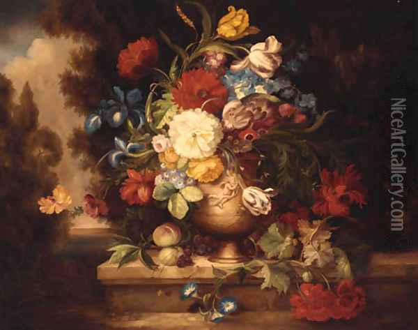 A Vase Of Mixed Flowers On A Ledge Oil Painting - Of Jean-Baptiste Monnoyer