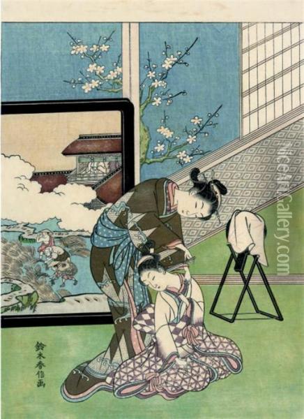 A Design Of Two Ladies Indoors In Springtime Oil Painting - Suzuki Harunobu