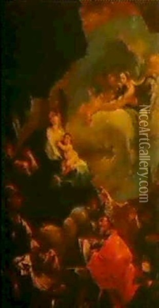 Sacra Conversazione, Maria, Von Den Heiligen Georg,         Franziskus, Petrus Und Paulus Verehrt Oil Painting - Josef Ignaz Mildorfer