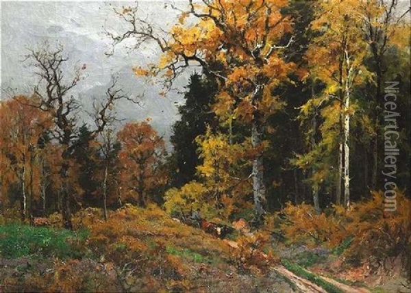 Herbstlicher Wald Mit Einem Ochsengespann Oil Painting - Vitus Staudacher
