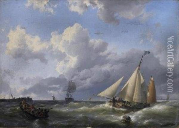 Coastal Fishermen In Front Of The Mole In A Stormy Sea. Oil Painting - Hermanus Koekkoek