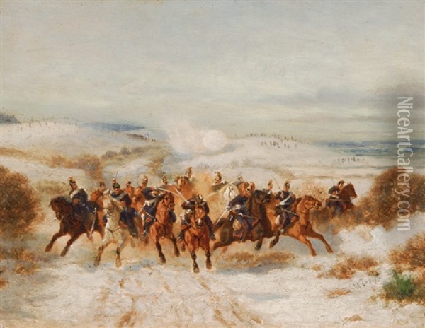 Attacking Prussian Cavalry During The German-french War Oil Painting - Moritz Delfs