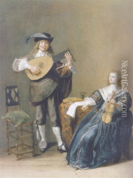 An Allegory Of Love-a Young Man Playing A Lute And A Young Woman Playing A Violin Oil Painting - Dirck Hals