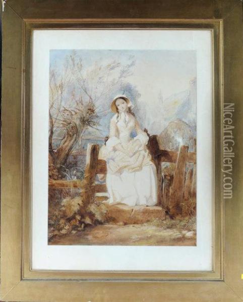 A Young Lady Seated On A Stile Oil Painting - Edward Henry Corbould