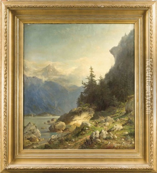 Alpine Landschaft Mit Figurenstaffage Am Felsigen Ufer Eines Bergsees U. Gebirgsmassiv Im Hintergrund Oil Painting - Eduard Schonfeld
