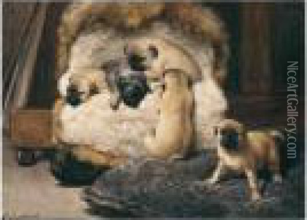 Nest Met Jonge Mastiffs (a Nest Of Puppy Pugs) Oil Painting - Otto Eerelman