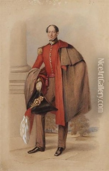 William Conway Gordon Wearing The Uniform Of An A.d.c., Scarlet Coatee With Gold Epaulettes, Black Collar With Gold Leaf, Carrying Hat, A Cloak Over His Shoulder Oil Painting - Aaron Edwin Penley