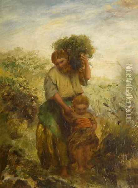 Gorse Gatherer - Child Crossing Mountain Stream Oil Painting - Paul Falconer Poole