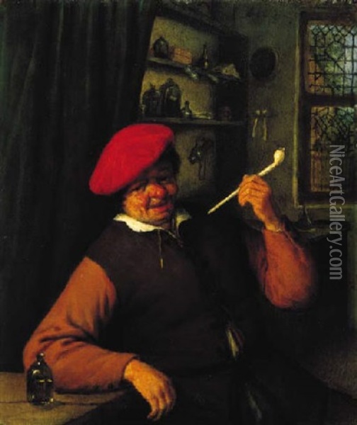 An Apothecary Smoking In An Interior Oil Painting - Adriaen Jansz van Ostade
