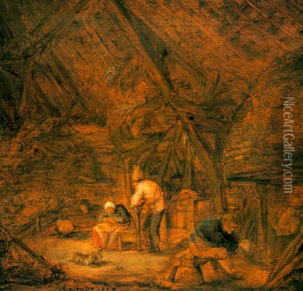A Barn Interior With A Peasant Family By A Fire Oil Painting - Adriaen Jansz van Ostade