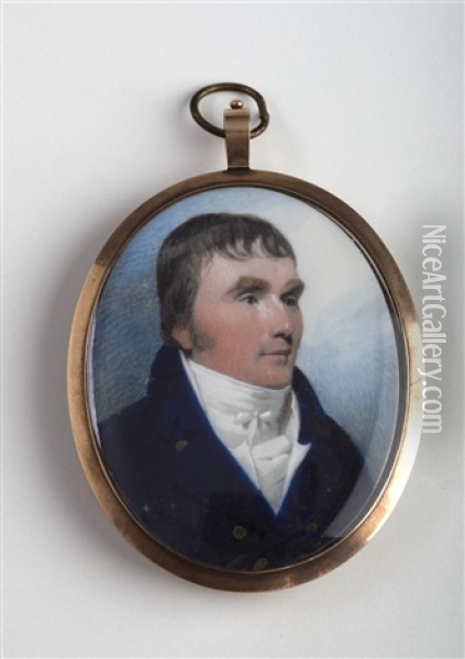 Portrait Miniature Of A Gentleman In A Blue Coat Oil Painting - Andrew Robertson