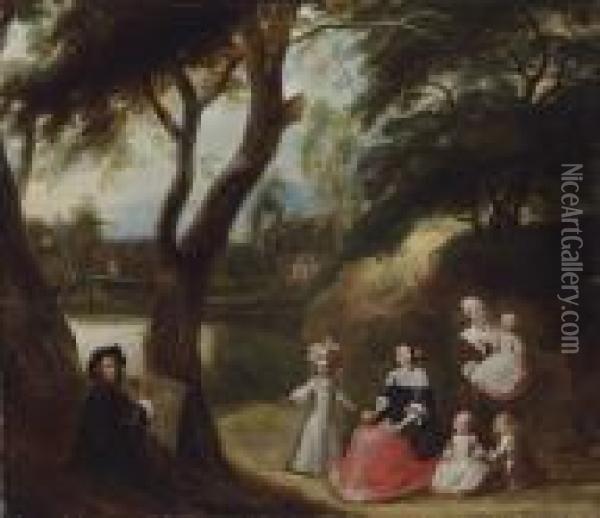 An Artist Portraying A Family In A Landscape Oil Painting - Gillis van Tilborgh