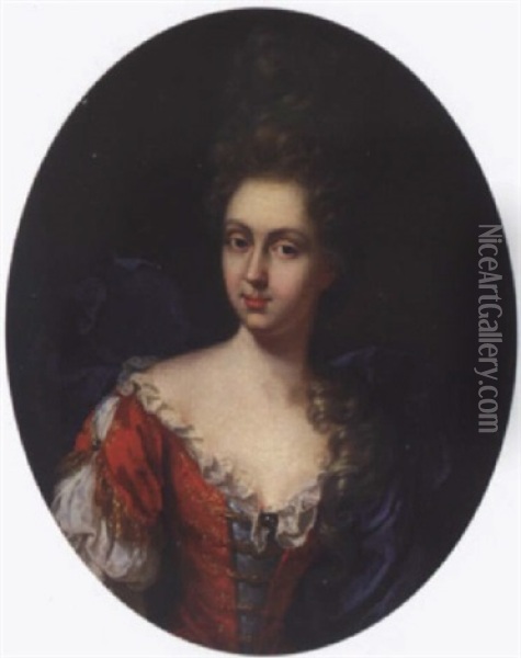Portrait Of A Lady, Wearing A Red Dress And A Blue Shawl Oil Painting - Nicolas de Largilliere