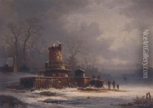 Figures By A Mill On A Frozen Waterway Oil Painting - Coelestin Bruegner